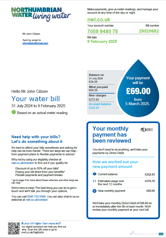 download United Kingdom Northumbrian Water utility bill template in Word and PDF formats, version 2 PDF template